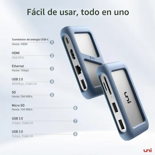 Vista 2 de uni Adaptador multipuerto USB C Hub con cable desmontable, concentrador USB C 8 en 1 con HDMI 4K, Ethernet de 1 Gbps, lector de tarjetas SD, 100 W