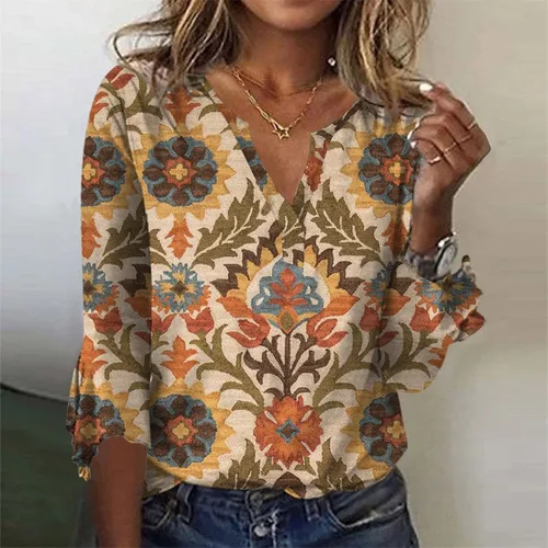 Vista 3 de Blusas de otoño para mujer, holgada, casual, con cuello en V, estampado de campana, manga 34