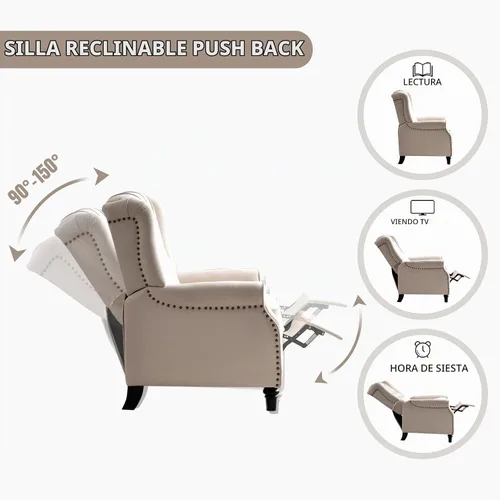 Vista 5 de 2 Sillas Reclinables Pushback, Sillones de Tela con Respaldo Reclinable y Decoración de Remaches, Sofá Individual Silla de Acento para Sala de Beige