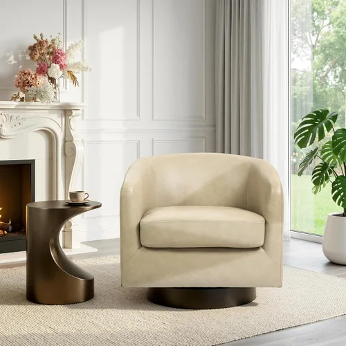 Vista 27 de Silla Giratoria de Acento de Cuero Sintético con Base de Madera, Sillas de Barril Tapizadas Modernas para Sala de Estar, Cómodo Sillón Redondo Sofá