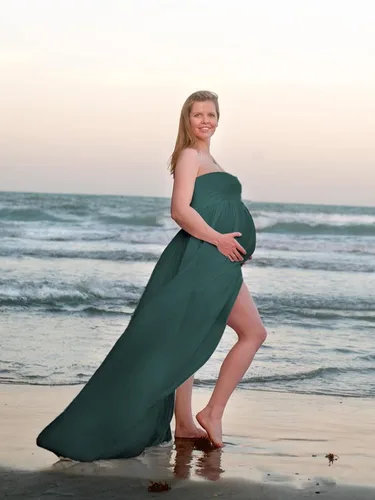 Vista 3 de YnimioAOX Vestido de maternidad de tubo sin tirantes con hombros descubiertos para mujer, para fotografía, vestido de gasa frontal dividido