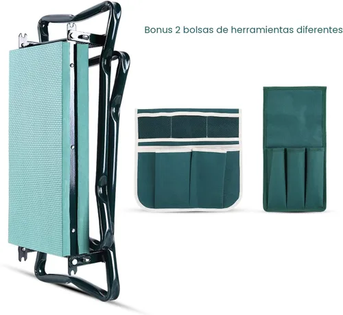 Vista 5 de Banco plegable 2-en-1 para jardín, de la marca Ohuhu, reclinatorio y asiento, incluye 2 bolsas de herramientas, para exterior, Verde