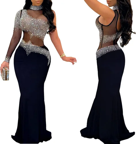 Vista 3 de PORRCEY - Vestido sexy con diamantes de imitación para mujer, vestido de noche para fiesta y club