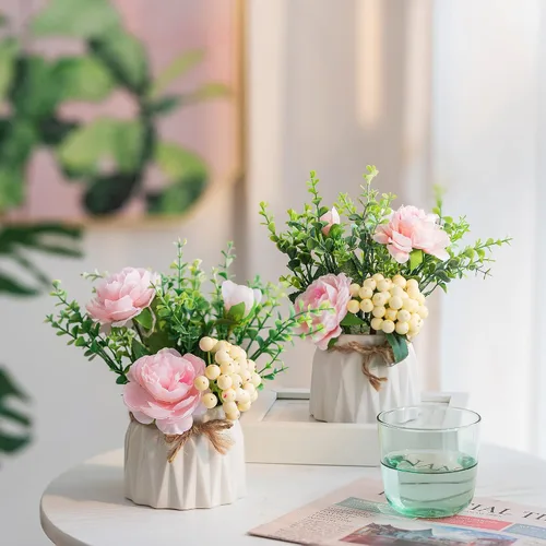 Vista 5 de BLOSMON Flores sintéticas en jarrón para decoración de mesa, 2 piezas, pequeñas, rosas rosadas