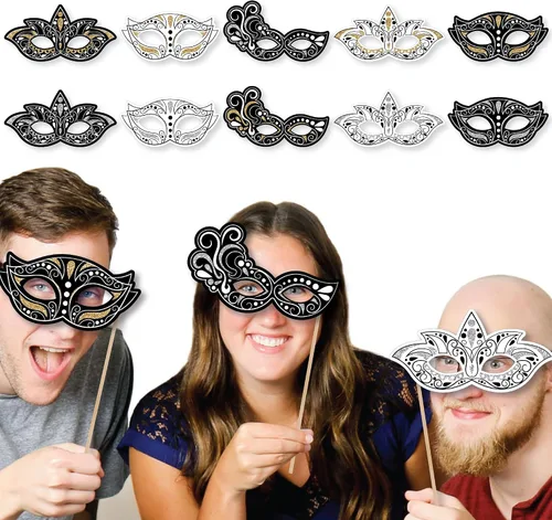 Vista 2 de Big Dot of Happiness Máscaras de mascarada - Tarjeta de papel, máscara veneciana para fiesta de fotos, kit de accesorios - 10
