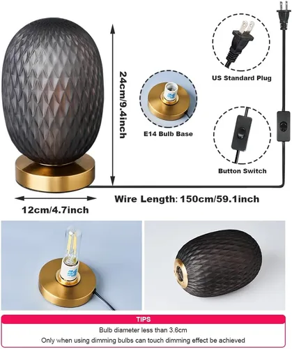 Vista 3 de Moderna lámpara de mesa de cristal con forma de globo de mediados de siglo, industrial regulable con control táctil, luces de escritorio, 3 niveles