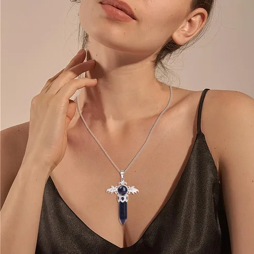 Vista 6 de Collar de cristal curativo para mujer, collar con dije de alas de ángel, piedras natales, piedras preciosas para mujeres y hombres, colgante de cruz