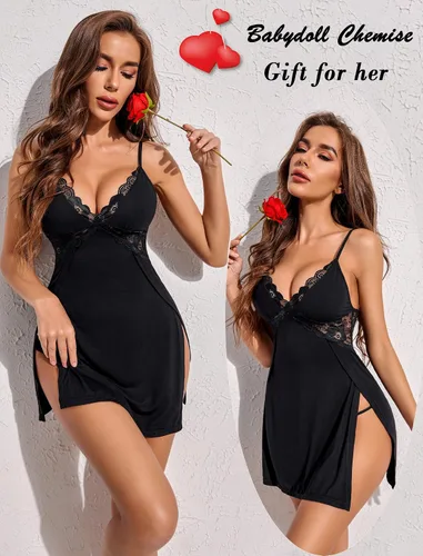 Vista 5 de Avidlove Lencería de encaje para mujer, camisón sexy, babydoll modal con abertura lateral, ropa de dormir