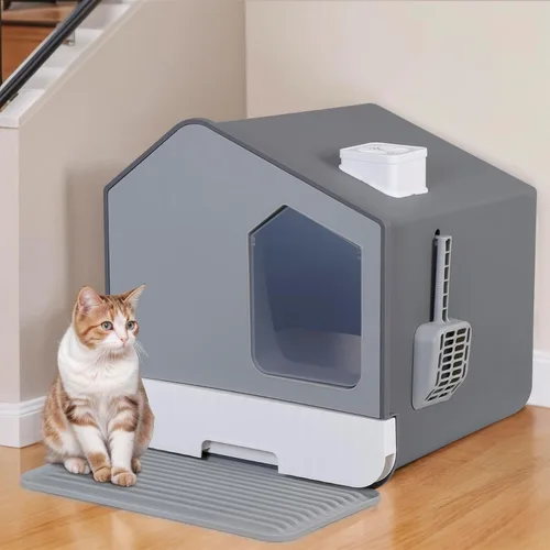 Vista 7 de LEMY Caja de arena grande cerrada para gatos, caja de arena gris con alfombrilla y cuchara de arena para gatos, inodoro inodoro inodoro