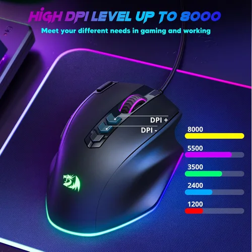 Vista 4 de Redragon Ratón para juegos con cable, mouse ergonómico retroiluminado RGB de hasta 8000 DPI, 11 botones programables y 7 modos retroiluminados