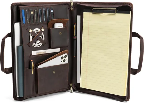 Vista 9 de Portafolio de cuero vegano para tamaño legal (8.5 x 14 pulgadas), portafolio portapapeles con asa, soporte para laptop de 15 pulgadas, organizador