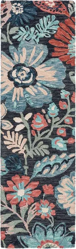 Vista 2 de SAFAVIEH Jardin Collection - Alfombra de pasillo, 2 pies 3 pulgadas x 8 pies, carbón y azul, hecho a mano, lana floral y algodón, ideal para zonas