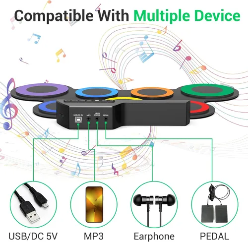 Vista 7 de Juego de batería eléctrica, 7 almohadillas electrónicas para niños con auriculares incluidos, almohadilla de práctica de tambor enrollable, gran 3-8