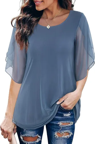 Vista 2 de SeSe Code Blusas con mangas 34 y volantes de malla para mujer, tops holgados y elásticos