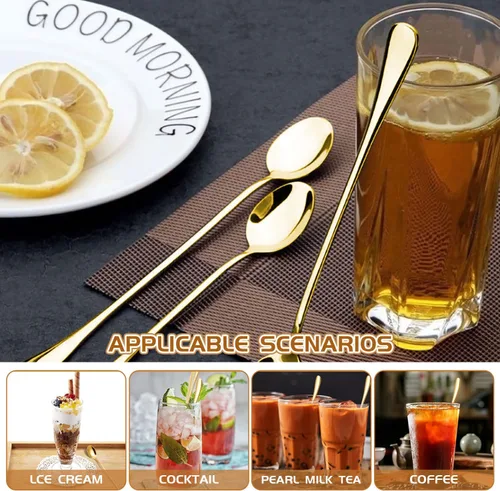 Vista 8 de Cuchara de mango largo de 9.5 pulgadas, cucharas de crema helada, cucharas de té, agitadores de café, cuchara de hielo, cucharas de cóctel de acero