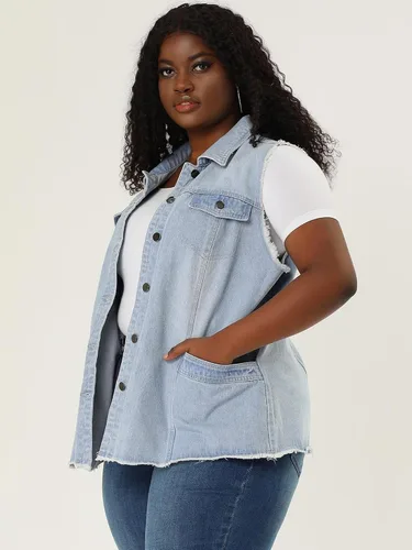 Vista 4 de Agnes Orinda Chaquetas de mezclilla para mujer 2023, talla grande, con solapa frontal, deshilachada, lavada, sin mangas, chaleco de mezclilla largo