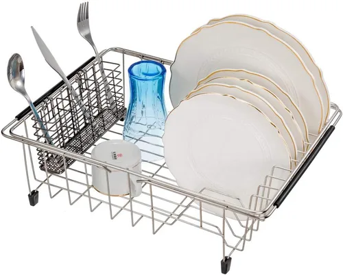 Vista 4 de SANNO - Estante de secado de utensilios de acero inoxidable y organizador de cubiertos con ganchos, soporte extraíble para cubiertos, color negro