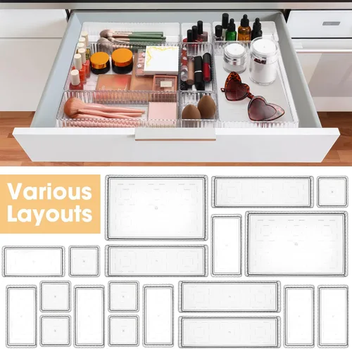 Vista 4 de Teenyyou Organizador de cajones apilables de 4 tamaños, bandejas de acrílico para almacenamiento de cosméticos, joyas, suministros de oficina