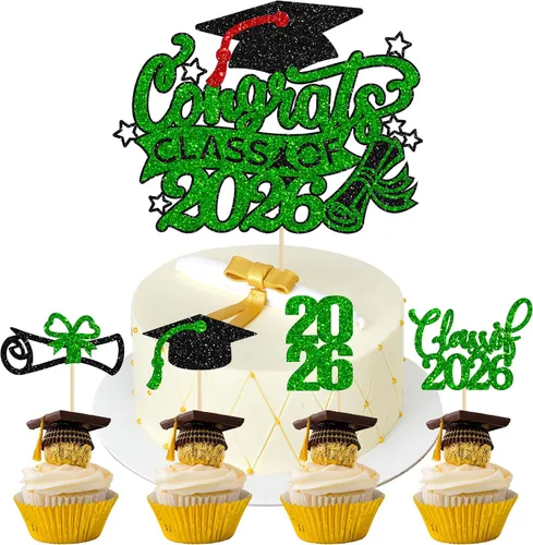 Vista 29 de Gyufise 24 piezas de decoración para cupcakes con purpurina para graduación 2026, decoración de pasteles para graduación 2026, decoración de Negro