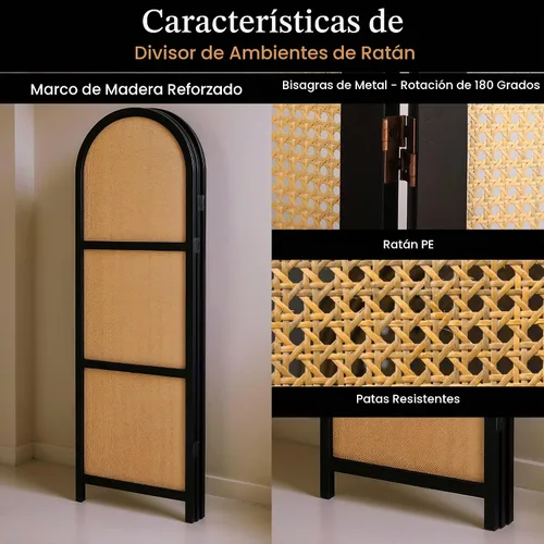 Vista 3 de ELK & ELDER Divisor de habitación de 3 paneles Pantalla de privacidad plegable con marcos de madera oscura arqueada y paneles tejidos claros