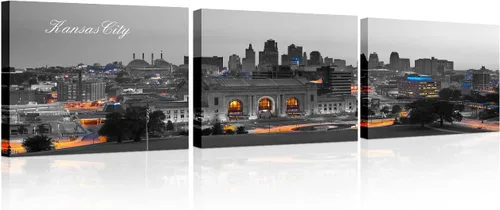 Vista 48 de 3 paneles de Atlanta Skyline vista de la ciudad en blanco y negro, imágenes panorámicas de edificio de ciudad, decoración de pared para sala