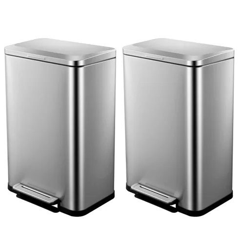 Vista 8 de Cubo de basura de acero inoxidable de 50 litros/13 galones, cubo de reciclaje rectangular con pedal de acero con tapa y cubos interiores, cubo