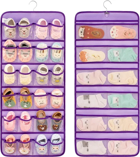 Vista 10 de Organizador de zapatos de bebé colgante de doble cara para armario, soporte de almacenamiento de zapatos para niños pequeños, calcetines con lazo