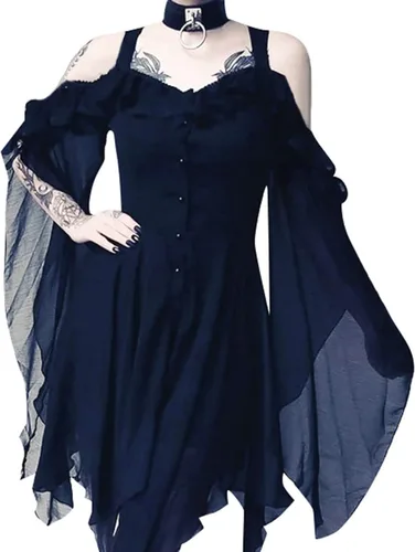 Vista 2 de Vestido renacentista para mujer, vestido gótico de Halloween, vestido retro de Halloween, disfraz medieval, vestido de encaje con hombros
