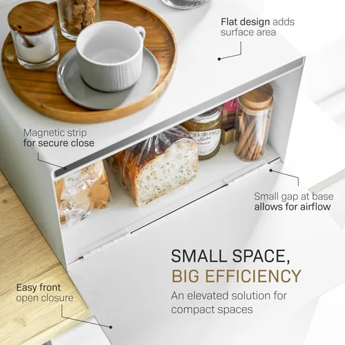 Vista 3 de YAMAZAKI Caja de Pan Moderna para el Hogar – Contenedor de Almacenamiento de Pan de Acero + Madera para Encimera, Caja de Pan Grande Blanca