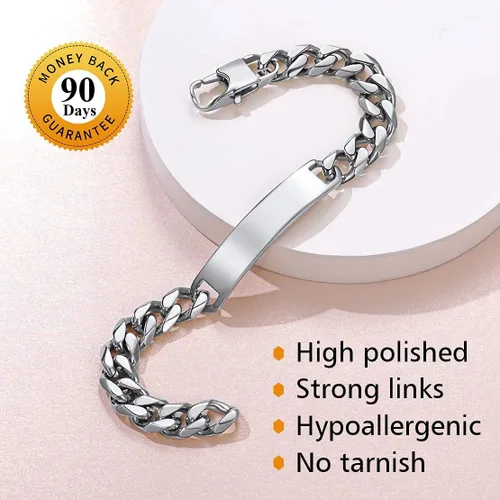 Vista 4 de FindChic Pulseras de identificación personalizadas con barra de nombre para hombres y mujeres, chapadas en oro de 18 quilatesacero inoxidablenegro