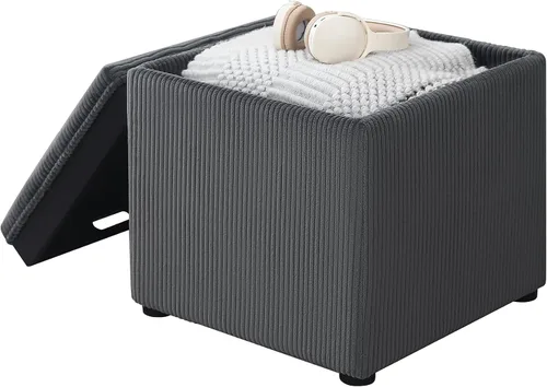 Vista 5 de Otomana Cuadrada con Almacenamiento con Bandeja, Pequeño Taburete de Reposapiés de Corderito, Mesa de Centro para Dormitorio y Sala de Estar, Gris