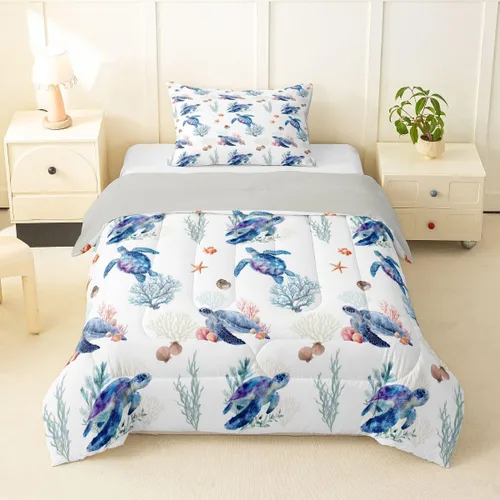 Vista 41 de Erosebridal Blue Ocean - Juego de edredón tamaño individual Juego de ropa de cama de ballena delfín y tortuga marina para niños y niñas, juego