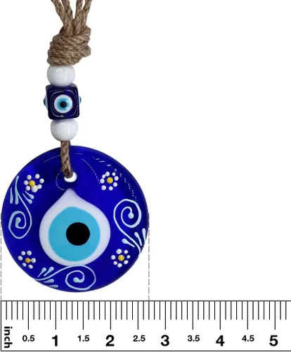 Vista 4 de Diseño de flores pintado a mano de cáñamo macramé mal de ojo para colgar en la pared, colgante de cristal, decorativo turco, griego, judío, adorno