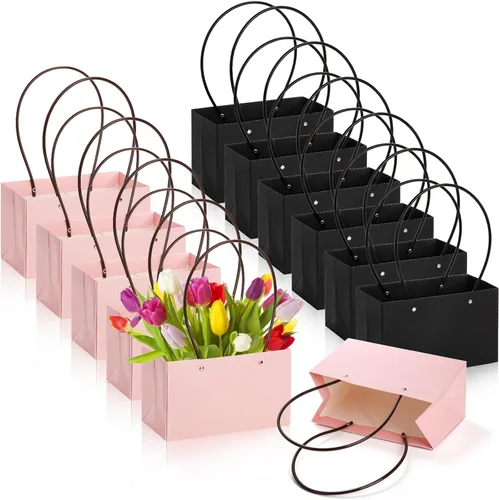 Vista 6 de DEAYOU Paquete de 12 bolsas de regalo de flores de papel kraft, caja de ramo con asa, pequeñas bolsas de papel con forro impermeable para arreglos