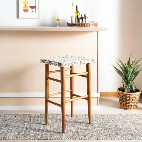 Vista 2 de Safavieh Home Collection Kaleo Taburete de bar de cuero tejido blanco y natural de 30 pulgadas