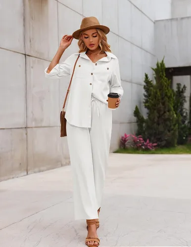 Vista 2 de Zeagoo Conjunto de 2 piezas de lino para mujer, camisa con botones y pantalones largos con cordón, conjuntos de verano