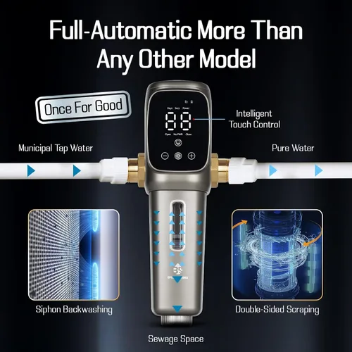 Vista 6 de Filtros de sedimentos giratorios automáticos de 40 micrones, descarga y drenaje automático de pantalla táctil, cabezal giratorio de 360°, filtro