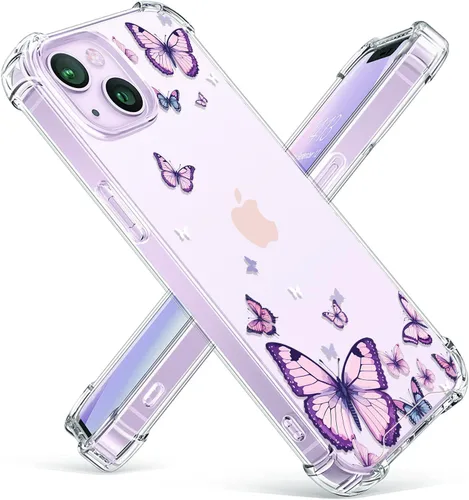 Vista 45 de OOZ Funda de cristal para iPhone 11 Pro (2019) de 5.8 pulgadas, bonita funda protectora transparente, seductor patrón de mariposa morada, suave a