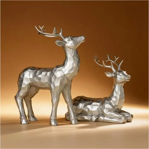 Vista 10 de Adornos de ciervo simulados para decoración navideña, 2 piezas de adornos de ciervo geométricos facetados de resina, decoración para el hogar, Dorado