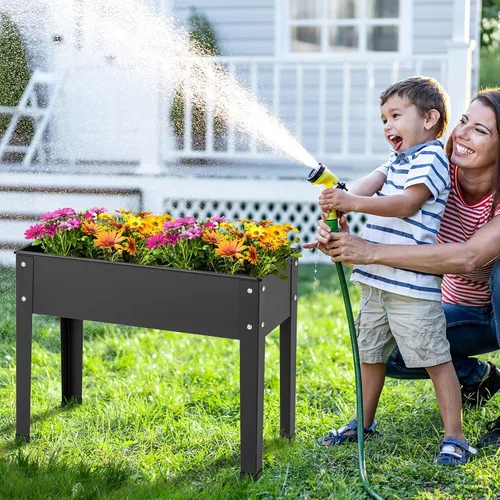 Vista 2 de HAPPYGRILL Cama de jardín elevada, maceta elevada de 18 pulgadas con patas, orificio de drenaje, diseño de dobladillo, caja de jardín de metal