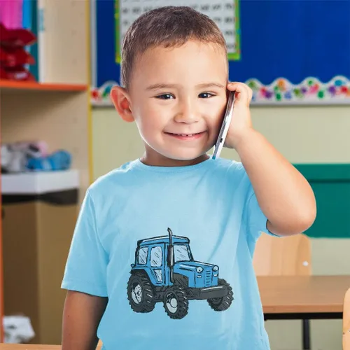 Vista 2 de Cute Rascals Camiseta para niños pequeños Tractor Rural Blue Car Auto Transportation Ropa para niños y niñas, Diseño de color rosa cálido.