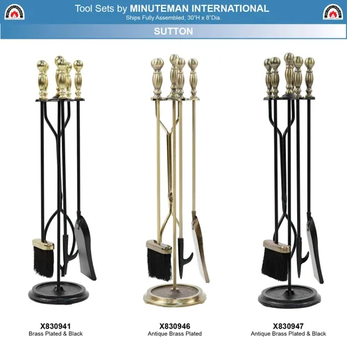 Vista 4 de Minuteman International Sutton - Juego de herramientas para chimenea, 5 piezas, latón antiguo Latón envejecido