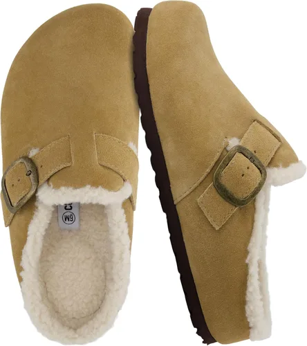 Vista 15 de CUSHIONAIRE Haven - Zuecos de cuero genuino para mujer, zapatos sin cordones con forro de piel sintética con plantilla de corcho y hebilla ajustable