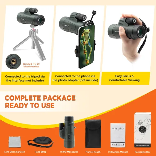 Vista 7 de Astromania Telescopio monocular 10x42 BAK4 monoculares de alta potencia para adultos Compact Portable Waterproof Monocular with Hand Strap