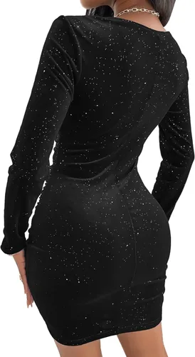 Vista 2 de vunahzma Women's Mini Wrap Dress V Neck Long Sleeve Velvet Bodycon Glitter Ruched Cocktail Party Dresses