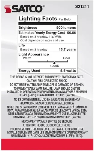 Vista 7 de Satco Bombillas LED E12 de 5.5 W, 4000 K, clasificación de 15000 horas, regulables