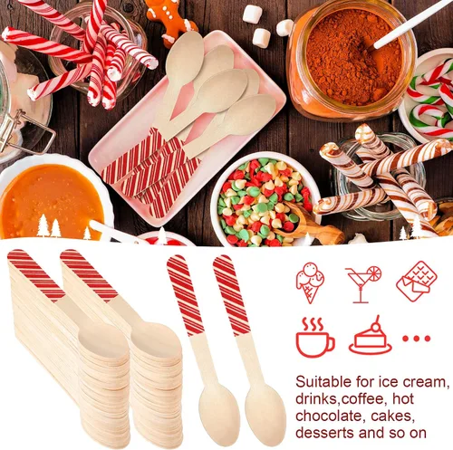 Vista 3 de Hoolerry 300 cucharas de madera desechables de 5.5 pulgadas, cucharas de Navidad, cucharas de chocolate caliente para degustar cacao caliente, café