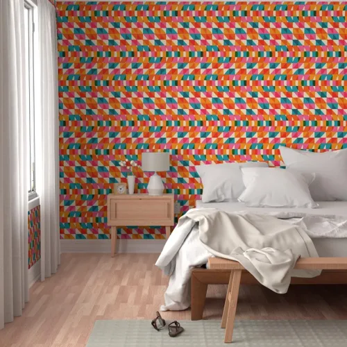 Vista 5 de Muestras de papel tapiz removibles – Retro Cuadros Ondas Rosa Verde Azul Rojo Naranja Rayas Papel pintado personalizado pre-pegado por Spoonflower