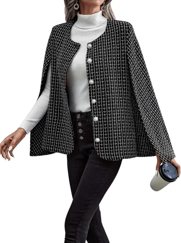 Vista 4 de WDIRARA Chaqueta con estampado a cuadros para mujer, cuello redondo, botones frontales, chaqueta tipo capa