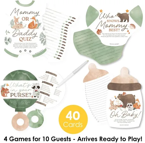 Vista 2 de Big Dot of Happiness Woodland Animals - Juego de baby shower, 4 actividades de fiesta diferentes (10 tarjetas cada una) – Prueba de mamá o papá